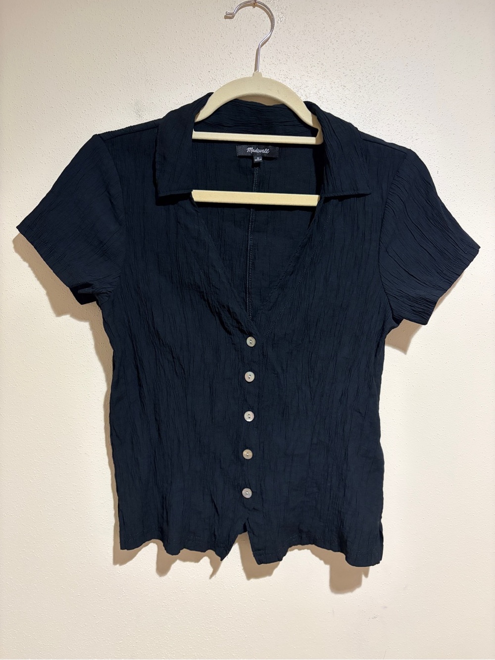 Madewell Notched V-Neck Button-Up Top Short Sleeve Black Size Medium NL056 - Picture 6 of 14